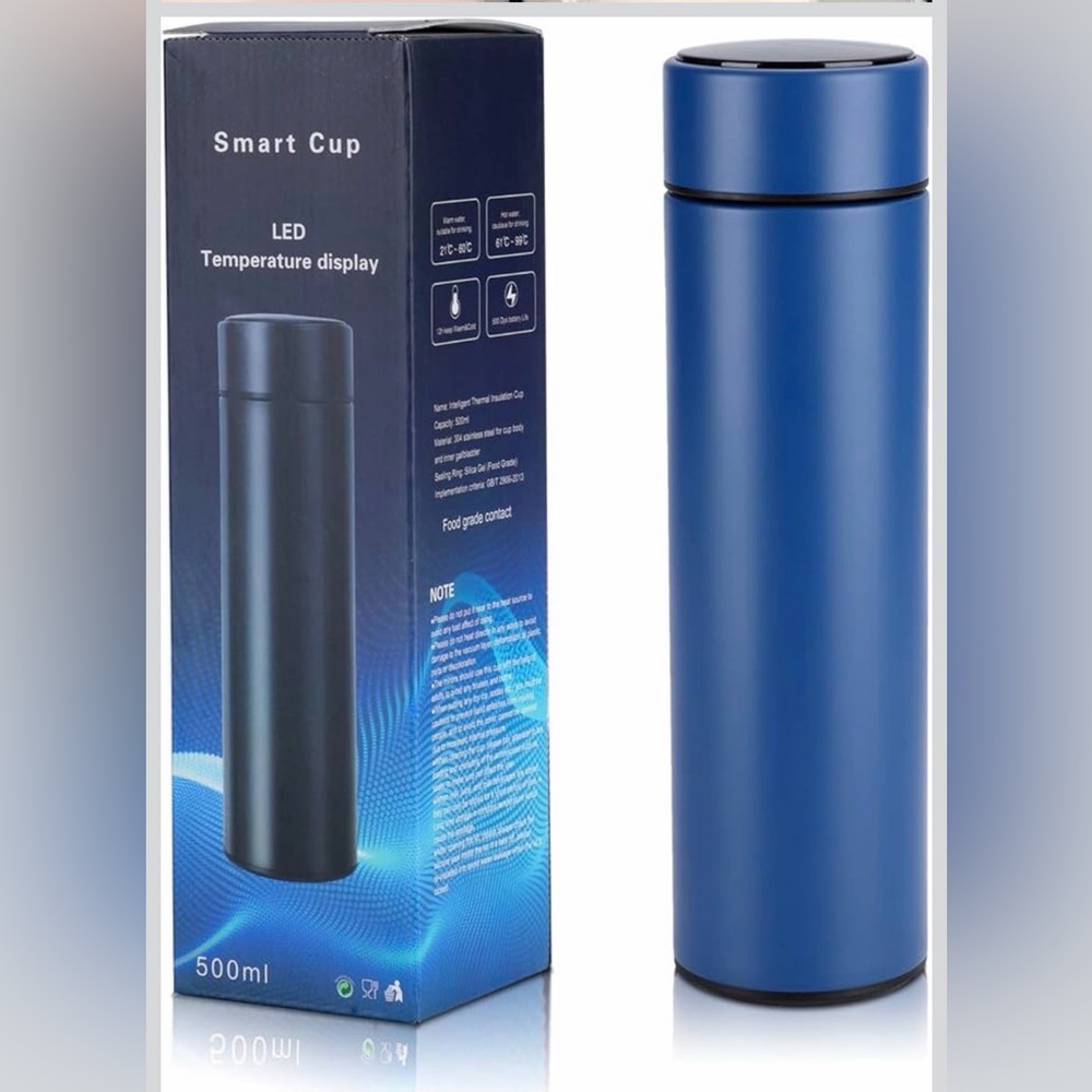 Smart Cup LED Temperature Display Tumbler~Touch Activated~ 500ml. ~ Blue ~ NIB